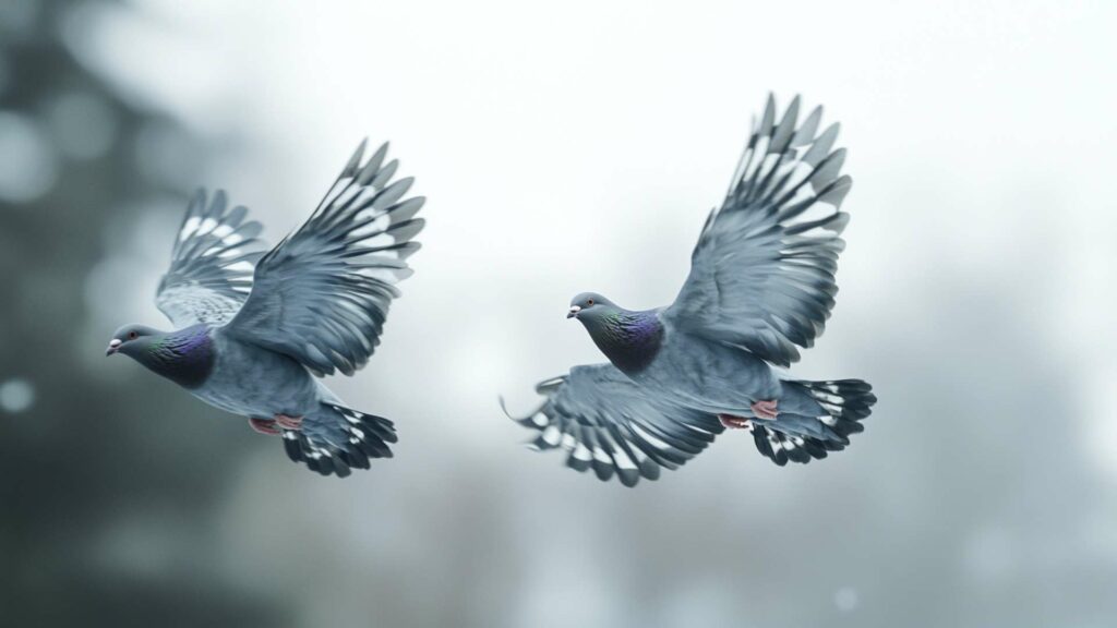 flock of pigeons stands in a grassy area