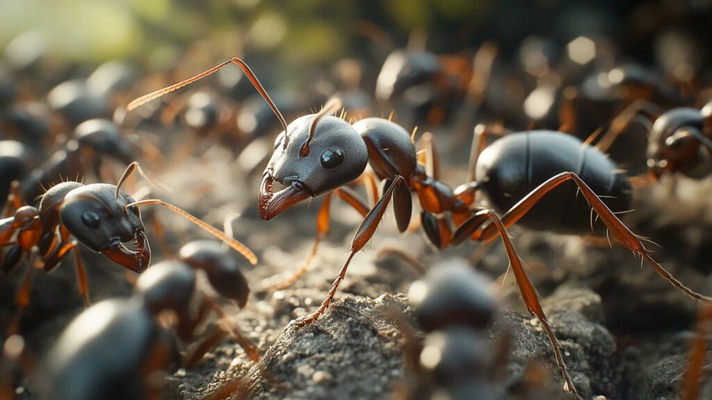 ants-foraging-with-green-lichen-background-min