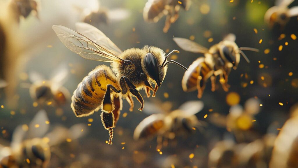 close up view of the working bees on honey cells