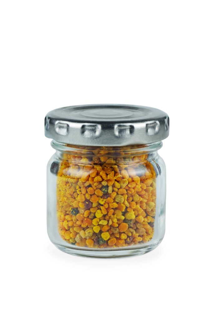 glass jar of bee gathered pollen granules
